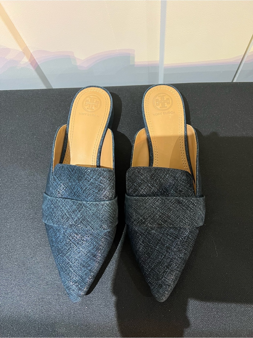 Tory Burch Denim Rosalind Pointed Toe Mules Slides Flats Size 7